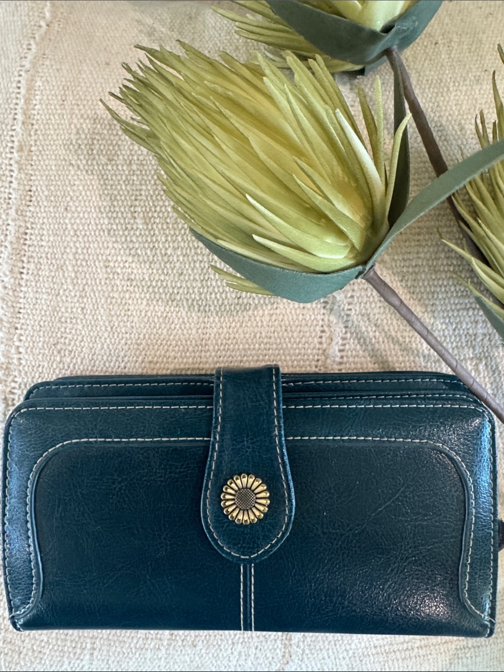 Women’s Teal Leather Wallet with Floral Snap Closure